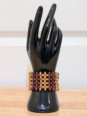 EUC Vintage Two Tone Wooden Bead Boho Stretch Cuff Bracelet